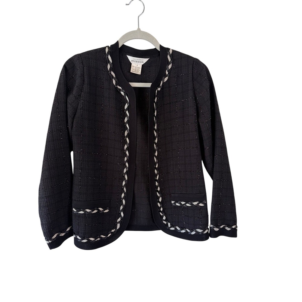 Exclusively Misook Womens Black Metallic Knit Braided Trim Open Front Jacket S